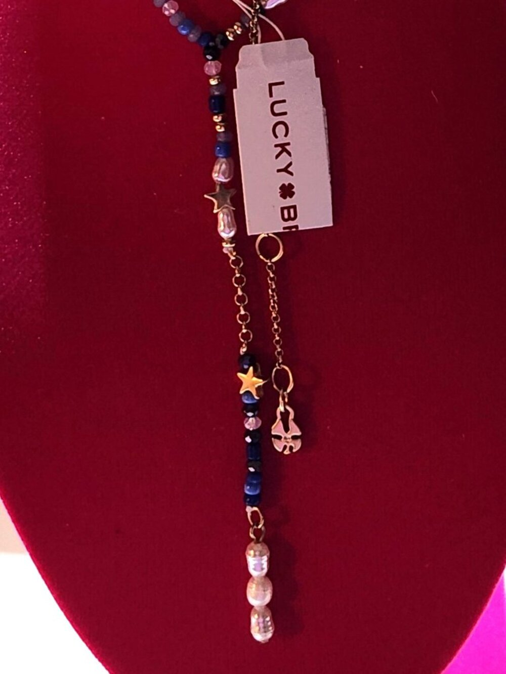 Lucky Brand 'Y' necklace blue white star gold tone faux pearl NWT